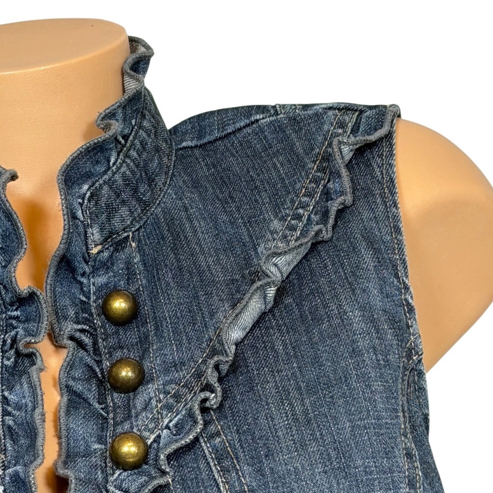 Tribal Denim Women's Size 8 Ruffle Trim Military Vest Blue Stretch Dark Wash - Picture 2 of 9